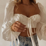 Romildi White Balloon Sleeve Elegant Women Top and Blouse Shirts Autumn Sexy Backless Crop Tops Solid Fashion Blusas