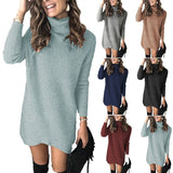 Fashion Turtleneck Long Sleeve Sweater Dress Women Autumn Winter Loose Tunic Knitted Casual Pink Gray Clothes Solid Dresses