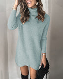 Fashion Turtleneck Long Sleeve Sweater Dress Women Autumn Winter Loose Tunic Knitted Casual Pink Gray Clothes Solid Dresses