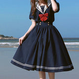 Romildi Harajuku Sailor Collar Navy Dress Japanese Lolita Sweet Bow-knot Girl Retro Kawaii Preppy Style Short Sleeve Dress Women
