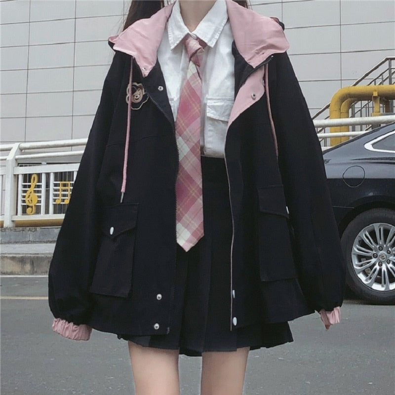 Romildi Winter Japanese women's casual punk streetwear jacket loose pockets long-sleeved hooded big size fashion Vintage Harajuku jacket