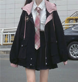Romildi Winter Japanese women's casual punk streetwear jacket loose pockets long-sleeved hooded big size fashion Vintage Harajuku jacket