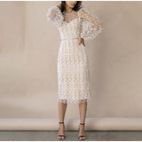 Back To College Embroidery Print Floral Mesh Women's Dress Long Sleeve O-Neck Zipper Midi Dresses Female  Summer Elegant Party Lady Vestidos