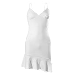 Romildi Elegant V Neck Ruffles Strap Sexy Bodycon Dress For Women  Summer Sleeveless Office Lady Vintage Party White Dress