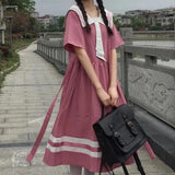 Romildi Harajuku Sailor Collar Navy Dress Japanese Lolita Sweet Bow-knot Girl Retro Kawaii Preppy Style Short Sleeve Dress Women