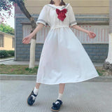 Romildi Harajuku Sailor Collar Navy Dress Japanese Lolita Sweet Bow-knot Girl Retro Kawaii Preppy Style Short Sleeve Dress Women