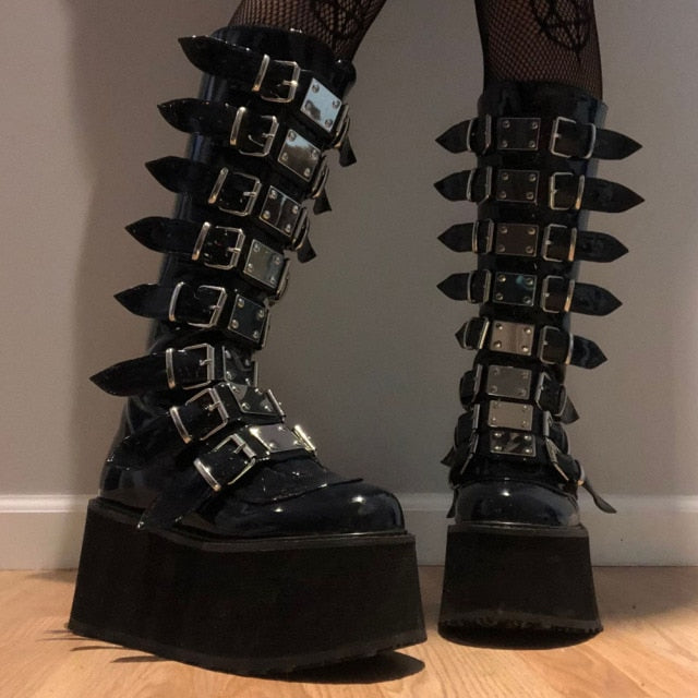 Romildi INS Hot Brand New Gothic Street Women's Knee High Boots Platform Wedges High Heels Buckle Boots For Women Punk Shoes Woman