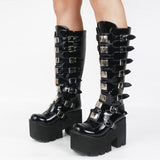 Romildi INS Hot Brand New Gothic Street Women's Knee High Boots Platform Wedges High Heels Buckle Boots For Women Punk Shoes Woman
