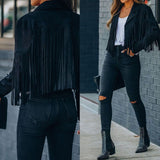 Fringed Bomber Jacket Women Spring Fashion Long Sleeve Turn-down Collar Open Stitch Slim Jackets