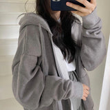 Harajuku Korean Version Hooded Sweatshirts Women Winter Solid Zip Up Loose Jacket Coats Vintage Long Sleeve Oversized Hoodies