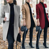 New Women Wool Coat Autumn Winter Fashion Long Sleeve Stand Neck Jackets Plus Size S-5XL Solid Vintage Female Overcoats