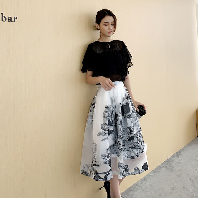 Romildi Chiffon Printed 2 Pieces Women Skirts Sets Summer New Ruffles T-Shirts And A-Line Skirts Elegant Office Lady Clothing Suits