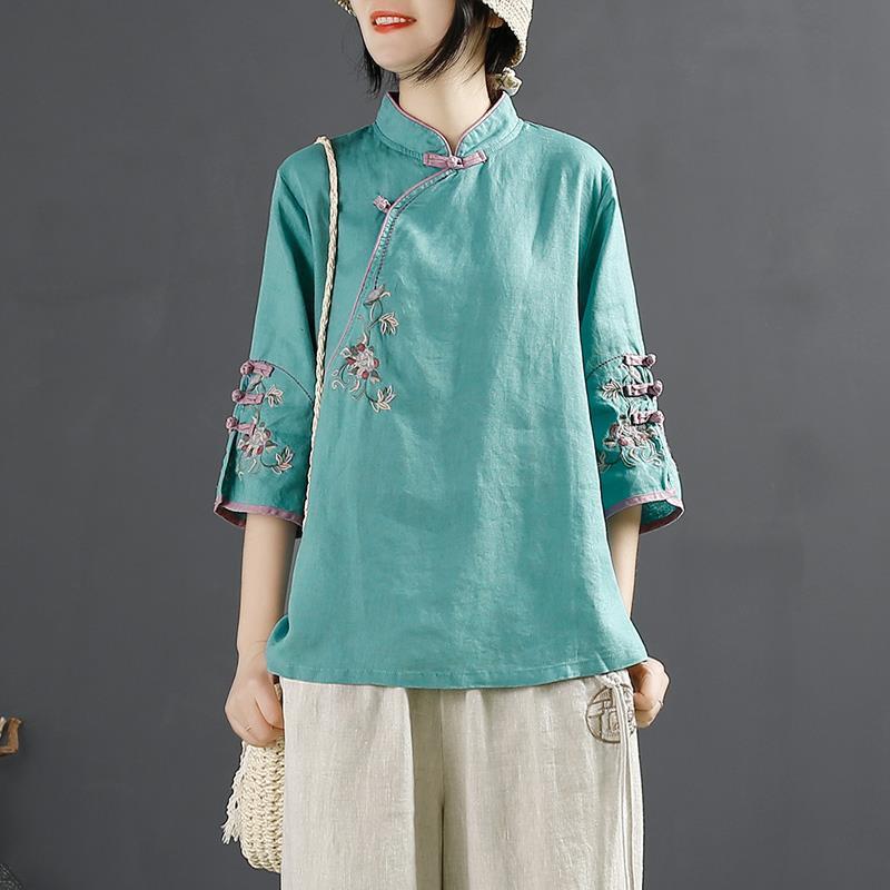 Romildi New Chinese Style Retro Cotton and Linen Shirt Women Spring Summer Chinese Stand-up Collar Button Blouse Embroidered Tea Service