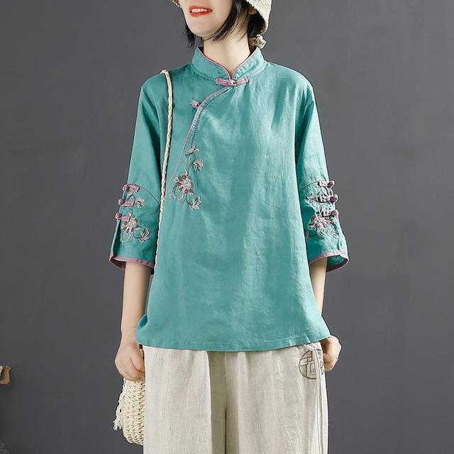 Romildi New Chinese Style Retro Cotton and Linen Shirt Women Spring Summer Chinese Stand-up Collar Button Blouse Embroidered Tea Service