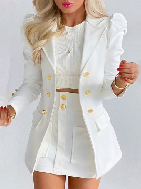 Romildi Spring Autumn Elegant Solid Puff Long Sleeve Blazer Set Women Fashion Button Coat Tops And Skirt Suits Lady Casual Two Piece Set