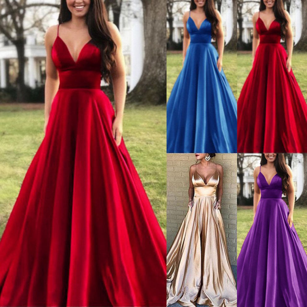 Romildi Dresses for Women Elegant Sexy Wedding Party Prom V-neck Sleeveless Sling Backless Satin Long Maxi Red Plus Size Clothes