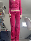 Romildi Aesthetics Pink Velour Sets Slim Y2K Streetwear Zip Up Hoodie and Drawstring Low Waist Pants Co-ord Suits Women