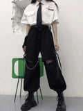 Romildi Gothic Streetwear Women&#39;s Cargo Pants with Chain Punk Techwear Black Oversize Korean Fashion Wide Leg Trousers
